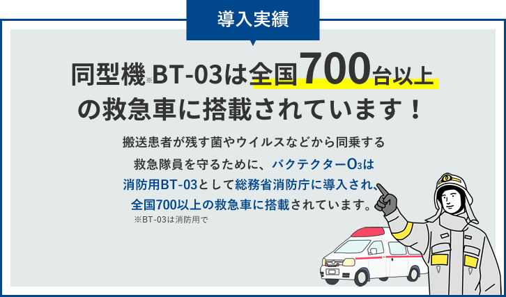 導入実績:同型機 BT-03は全国700台以上の救急車に搭載されています！搬送患者が残す菌やウイルスなどから同乗する救急隊員を守るために、バクテクターO3は傷病用BT-03として総務省消防庁に導入され、全国700以上の救急車に搭載されています。